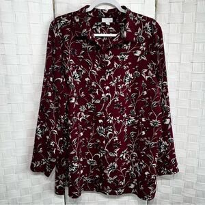 J. Jill Womens Tunic Top Blouse Size Large Burgundy Gray Floral Button Up Boho